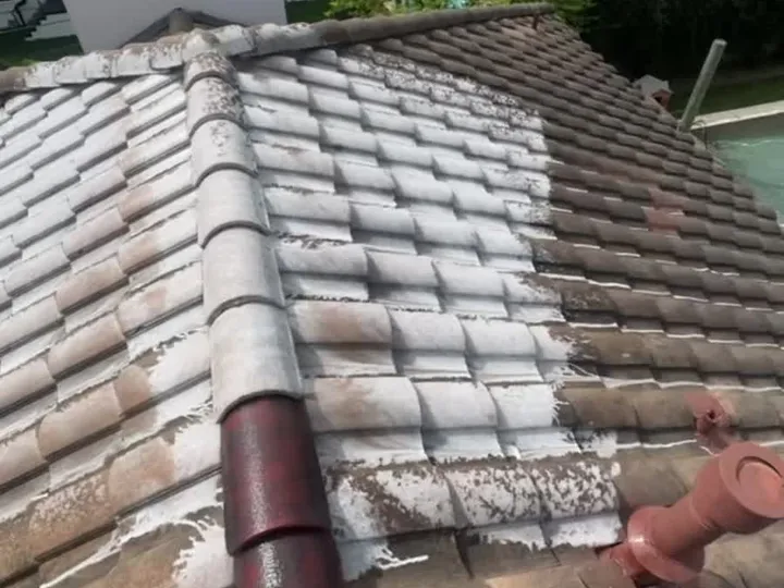 Roof washing soft wash process on a Houston tile roof